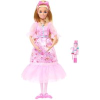Imagen de Barbie - Muñeca Clara bailarina en El Cascanueces con vestido rosa satén, mangas abullonadas, tobillos articulados y cascanueces Barbie.