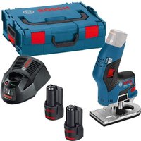 Bosch Professional 12V Bosch GKF 12V-8 Professional 6mm & 8mm Palm Router with 2 x 3Ah Batteries, Charger and L-Boxx
