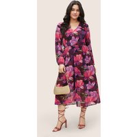 Plus Size Floral Lantern Sleeve Mesh Elastic Waist Dress RedViolet Women Elegant Non V-neck Long Sleeve Curvy Midi Dress BloomChic 10/M