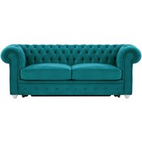 Chesterfield Max Borneo – Canapé trois places convertible avec sommier, Velluto 36 - Bleu paon, Couleur des pieds: Blanc