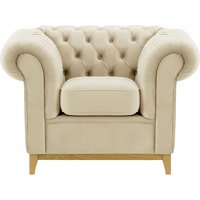 Fauteuil Chesterfield Wood, beige clair - Velluto 2, Couleur des pieds: Chêne clair