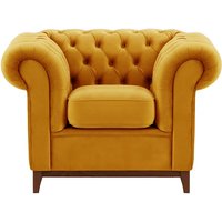 Fauteuil Chesterfield Wood, moutarde - Velluto 8, Couleur des pieds: Chêne foncé