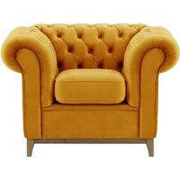 Fauteuil Chesterfield Wood, moutarde - Velluto 8, Couleur des pieds: Noir wax