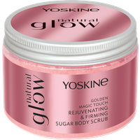 Yoskine Natural Glow odmładzająco-ujędrniający peeling do ciała z efektem Golden Magic Touch, cukrem, perłowymi drobinkami, olejem tsubaki, olejem migdałowym i yuzu 350 ml