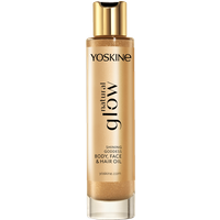 Yoskine Natural Glow rozświetlający olejek do ciała, twarzy i włosów z olejem migdałowym, macadamia, pestek winogron, witaminą E i złocistymi drobinkami 100 ml