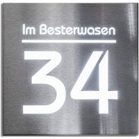 Hausnummernschild aus Edelstahl mit weißer LED-Beleuchtung