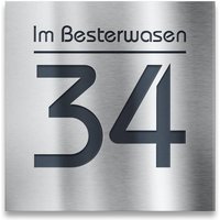 Quadratisches Hausnummernschild aus Edelstahl in Anthrazit mit Straße