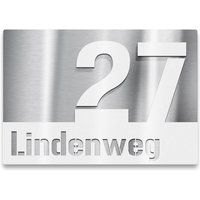 Hausnummernschild aus Edelstahl mit Straße in Weiß