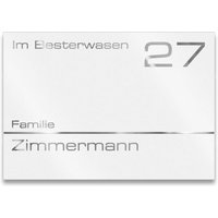 Metzler Hausnummernschild mit Namensgravur aus Edelstahl | 21,5 x 15 cm | RAL 9016 Verkehrsweiß