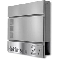 Metzler Briefkasten mit personalisierter Edelstahlblende und Sichtfenstern | RAL 9007 Graualuminium | Svena