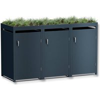 Metzler Mülltonnenbox mit Pflanzdach | 3er | 240l | Anthrazit RAL 7016 | aus Stahl | rostfrei & massiv | Türgriff mit Schloss