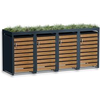 Metzler Mülltonnenbox mit Pflanzdach | 4er | 240l | in Holzoptik | Anthrazit RAL 7016 | aus Stahl | rostfrei & massiv | Türgriff mit Schloss