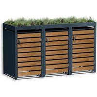 Metzler Mülltonnenbox mit Pflanzdach | 3er | 240l | in Holzoptik | Anthrazit RAL 7016 | aus Stahl | rostfrei & massiv | Türgriff mit Schloss