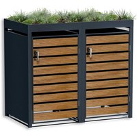 Metzler Mülltonnenbox mit Pflanzdach | 2er | 240l | in Holzoptik | Anthrazit RAL 7016 | aus Stahl | rostfrei & massiv | Türgriff mit Schloss