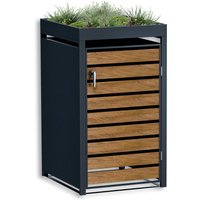 Metzler Mülltonnenbox mit Pflanzdach | 1er | 240l | in Holzoptik | Anthrazit RAL 7016 | aus Stahl | rostfrei & massiv | Türgriff mit Schloss