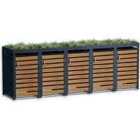 Metzler Mülltonnenbox mit Pflanzdach | 5er | 240l | in Holzoptik | Anthrazit RAL 7016 | aus Stahl | rostfrei & massiv | Türgriff mit Schloss