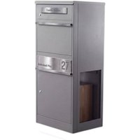Paketbox Bispo2 mit Briefkasten | mit seitlichen Sichtfenstern | personalisiert mit Gravur | Edelstahl-Namensschild | Graualuminium
