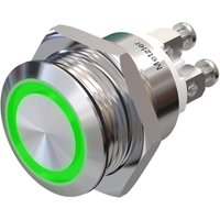 Metzler - Drucktaster 19mm - LED Ringbeleuchtung Grün - IP67 IK10 - Edelstahl - Flach - Schraubkontakte