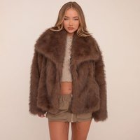 Oversized Collar Detail Jacket In Chocolate Brown Faux Fur, Women's Size UK 10