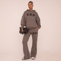 High Waist Ego Graphic Slogan Flared Leg Joggers In Grey, Women's Size UK 14