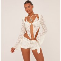 Flared Long Sleeve Split Hem Top In Cream Lace, Women's Size UK 12