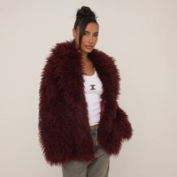 Oversized Collar Shaggy Coat In Burgundy Faux Fur, Women's Size UK 8