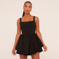 Square Neck Tiered Puffball Mini Dress In Black, Women's Size UK 4
