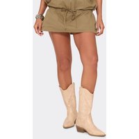 Poinee Embroidered Detail Western Cowboy Ankle Boot In Beige Distressed Faux Leather, Women's Size UK 3