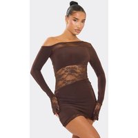 Off The Shoulder Lace Insert Detail Mini Bodycon Dress In Chocolate Brown, Women's Size UK 10