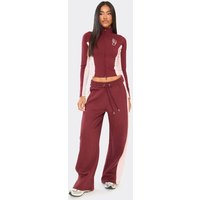 Drawstring Waist Contrast Side Stripe Wide Leg Joggers In Burgundy, Women's Size UK 8