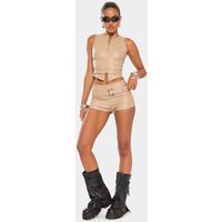 Mid Rise Belted Hot Pant Shorts In Brown Faux Leather, Women's Size UK 14