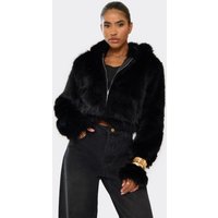 Long Sleeve Zip Front Hooded Jacket In Black Faux Fur, Women's Size UK 6