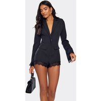 Long Sleeve Lace Trim Detail Blazer Playsuit In Black, Women's Size UK 14