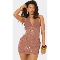 Halterneck Embellished Mini Dress In Brown Floral, Women's Size UK 8