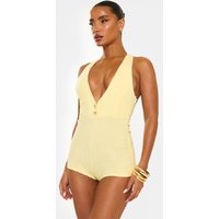 Ego Plunge Neck Button Front Micro Playsuit In Yellow Linen Womens Size UK 12