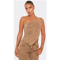 One Shoulder Asymmetric Hem Fitted Top In Washed Brown Denim, Women's Size UK 10