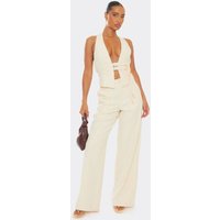High Waist Button Front Wide Leg Trousers In Stone, Women's Size UK 6