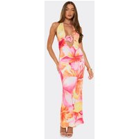 Plunge Open Back Flower Trim Detail Maxi Dress In Multi Floral Print, Women's Size UK 10