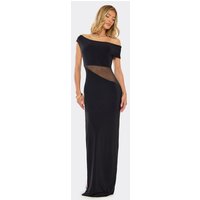 Asymmetric Shoulder Mesh Cut Out Detail Maxi Dress In Black Slinky, Women's Size UK 10