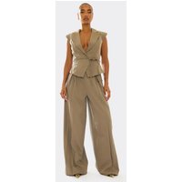 High Waist Wide Leg Pleated Tailored Trousers In Taupe, Women's Size UK 6