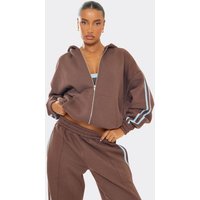 Long Sleeve Contrast Side Stripe Zip Up Oversized Hoodie In Chocolate Brown, Women's Size UK 4