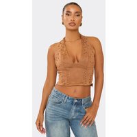 Plunge Halterneck Studded Detail Top In Brown Faux Suede, Women's Size UK 6