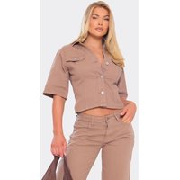 Short Sleeve Button Up Detail Top In Light Brown Denim, Women's Size UK 6