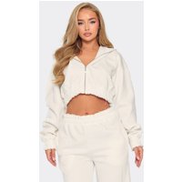 Long Sleeve Distressed Hem Cropped Zip Up Hoodie In Cream, Women's Size UK 16
