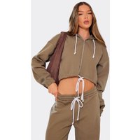 Contrast Drawstring Zip Up Cropped Hoodie In Khaki Green, Women's Size UK 6