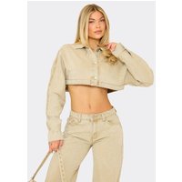 Long Sleeve Extreme Cropped Jacket In Stone Denim, Women's Size UK 14