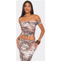Off The Shoulder Crop Top In Brown Leopard Print, Women's Size UK 14