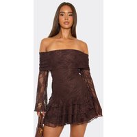 Long Sleeve Bardot Fold Over Ruffle Mini Dress In Chocolate Brown Lace, Women's Size UK 6