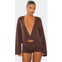 Flared Long Sleeve Plunge Neck Top In Chocolate Brown, Women's Size UK 8