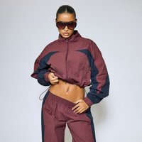 Long Sleeve Contrast Panel Toggle Hem Zip Up Jacket In Plum Shell, Women's Size UK 10